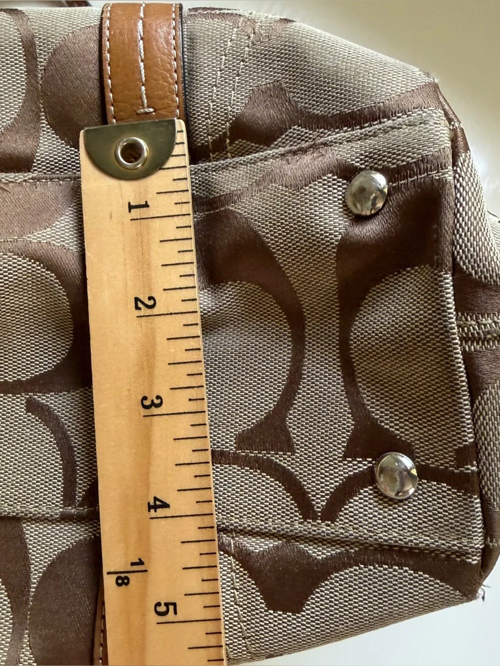 Coach Y2K Bag Tote Purse Signature Jacquard Tote Khaki Brown Leather